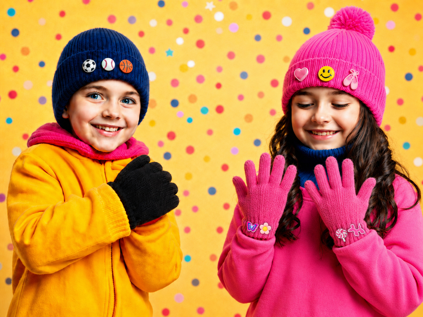 Two kids wearing colorful beanies and mittens covered in charms